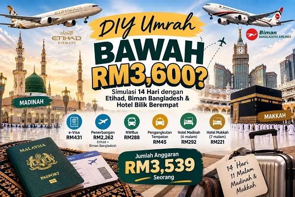 Simulasi Bajet DIY Umrah 2026 – 11 Malam di Madinah & Makkah, Sekitar RM3,539 Seorang!