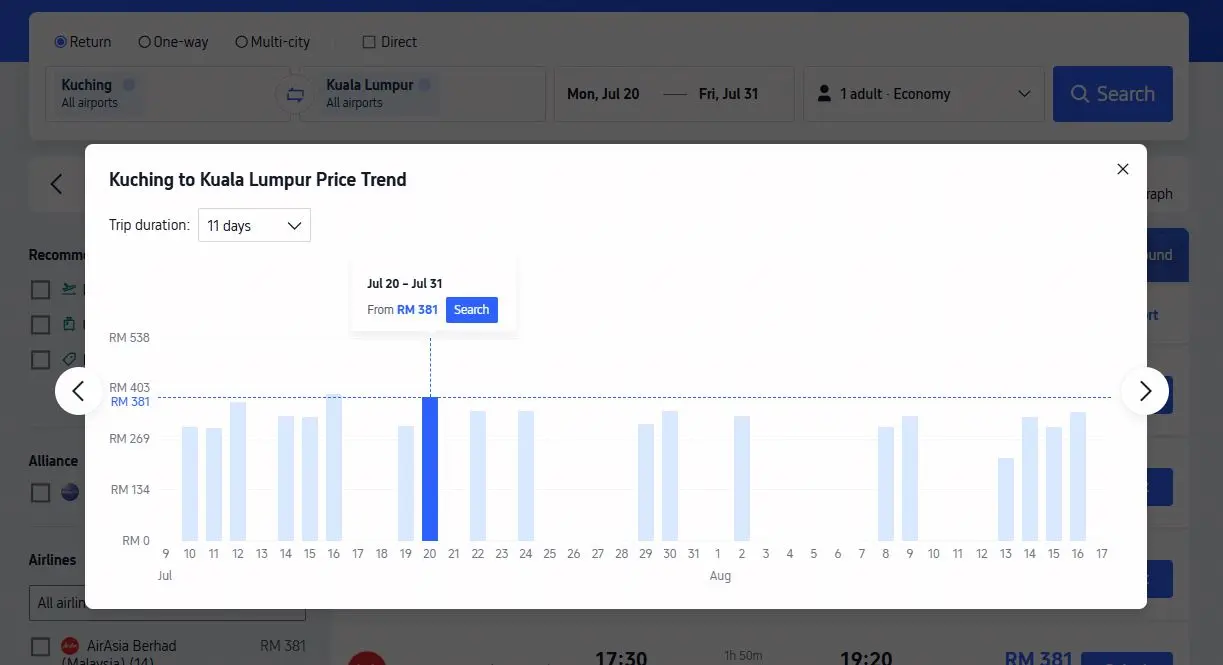 Kuching to Kuala Lumpur Price Trend.webp
